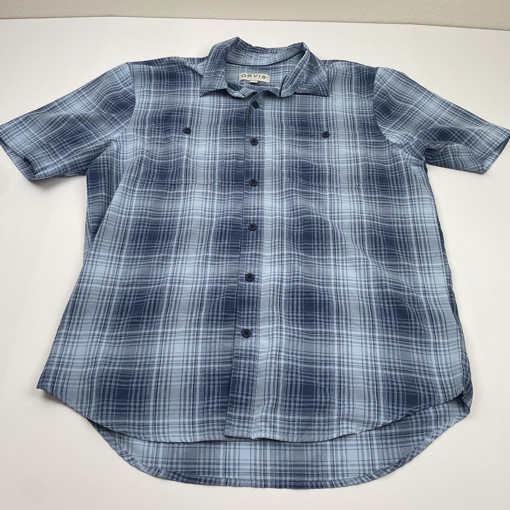 Orvis Shirt Mens Medium Blue Plaid Short Sleeve Button Front Lightweight Casual